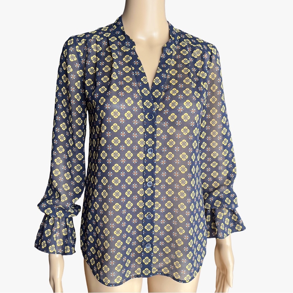 CAbi Semi-Sheer Mosaic Printed Blouse | Navy Yellow | Workwear Chic | XS